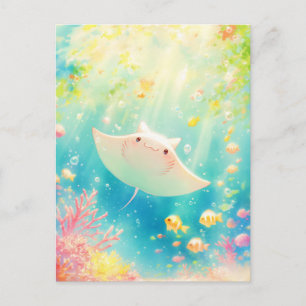 Carte Postale Jolie Raie Manta Kawaii Récif Ensoleillé
