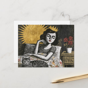 Carte Postale Jolie reine de fantasy et son chat au lit