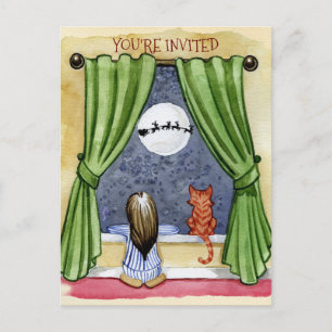 Carte Postale Jolie réveillon de Noël Enfant & Chat Kitty Aquare