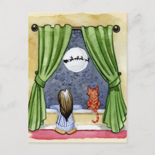 Carte Postale Jolie réveillon de Noël Enfant & Chat Kitty Aquare