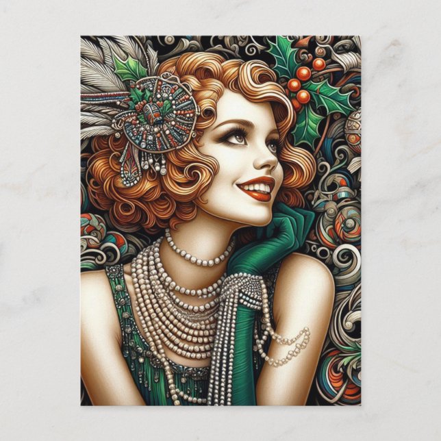 Carte Postale Jolie robe de Noël Femme verte (Devant)