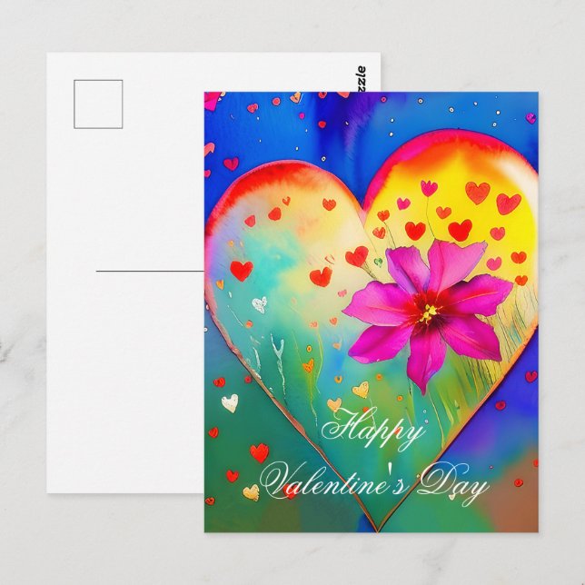 Carte Postale Jolie Saint-Valentin cœur et fleurs (Devant / Derrière)