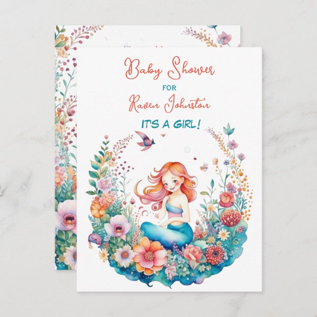 Carte Postale Jolie sirène fille de bébé douche de bébé Invitati (Devant / Derrière)
