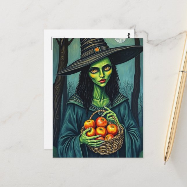Carte Postale Jolie Sorcière Avec Des Pommes (Devant/Arrière en situation)