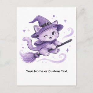 Carte Postale Jolie sorcière chat violet sur un balai Halloween