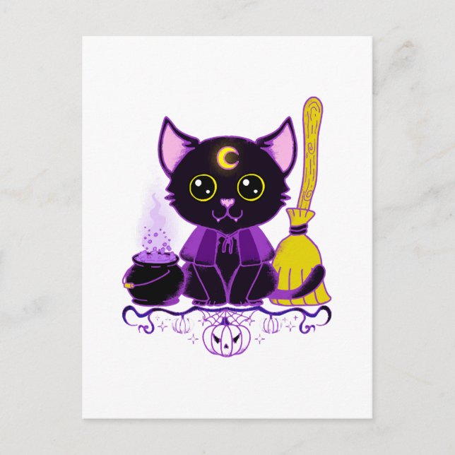 Carte Postale Jolie sorcière de chat noir d'Halloween (Devant)