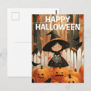 Carte Postale Jolie sorcière d'Halloween avec citrouilles et cor