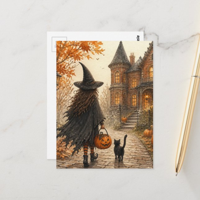 Carte Postale Jolie sorcière d'Halloween et chat noir (Devant/Arrière en situation)