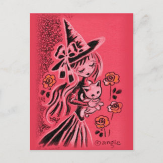 Carte Postale Jolie Sorcière Halloween avec Kitten
