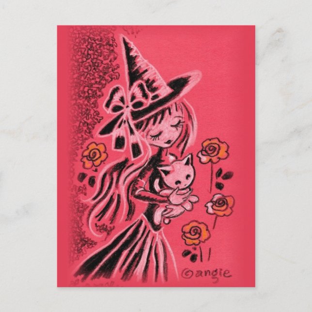 Carte Postale Jolie Sorcière Halloween avec Kitten (Devant)