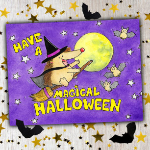 Carte Postale Jolie Sorcière Hérisson Magique Halloween