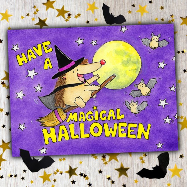 Carte Postale Jolie Sorcière Hérisson Magique Halloween (Créateur téléchargé)