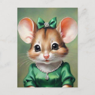 Carte Postale Jolie souris avec robe verte