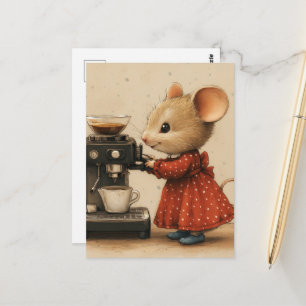 Carte Postale Jolie Souris Brune Fait du Café