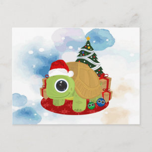 Carte Postale Jolie tortue de Noël en aquarelle sous la neige hi