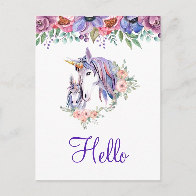 Carte Postale Jolie Unicorn Maman & Baby Aquarelle Florale Bonjo (Devant)