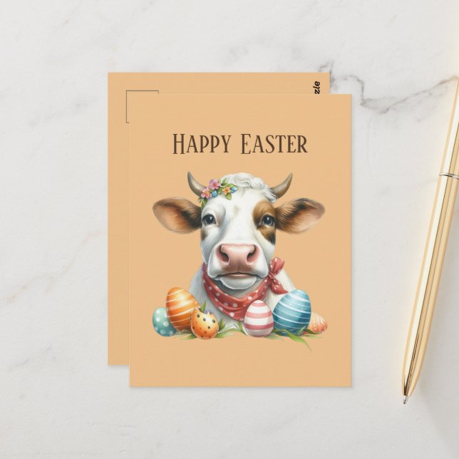 Carte Postale Jolie vache de Pâques ajouter du texte (Devant/Arrière en situation)
