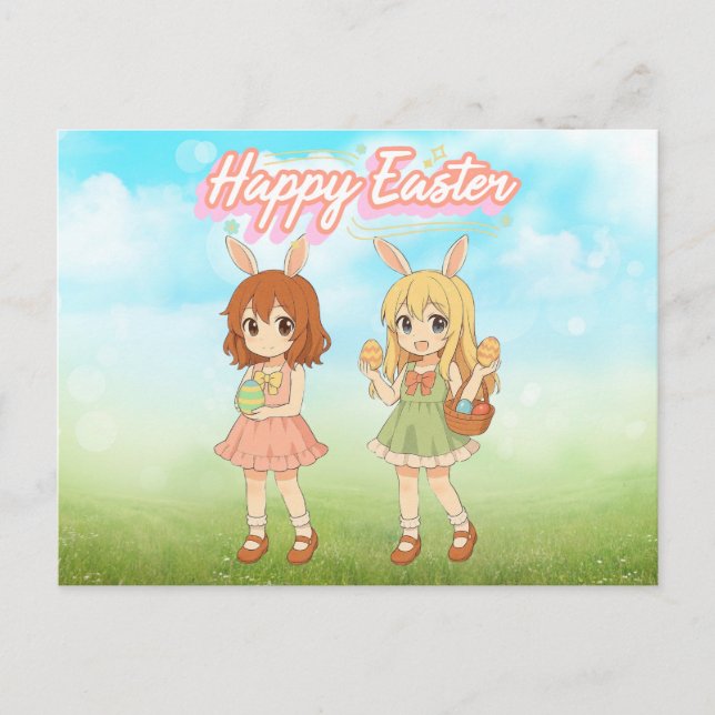 Carte Postale Jolies filles lapins de Pâques d'anime (Devant)