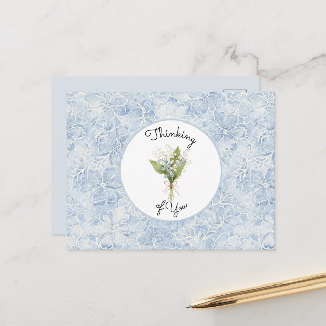 Carte Postale Jolies Fleurs Blanches Bleues Pensant à vous (Devant/Arrière en situation)