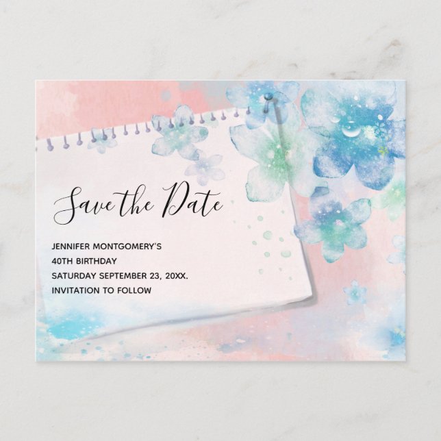 Carte Postale Jolies fleurs bleues sur invitation à retenir date (Devant)