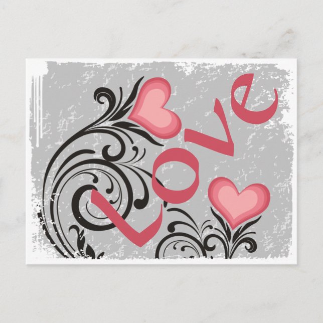 Carte Postale Jolies Fleurs Coeurs Aimer Grunge (Devant)