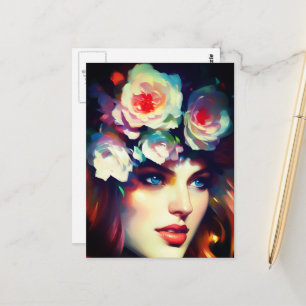 Carte Postale Jolies Fleurs Roses dans ses Cheveux