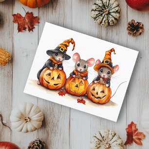 Carte Postale Jolies petites souris aquarelle Halloween citrouil