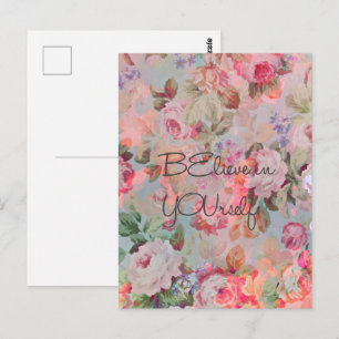 Carte Postale Jolies roses florales citation « Croyez en VOUS-mê