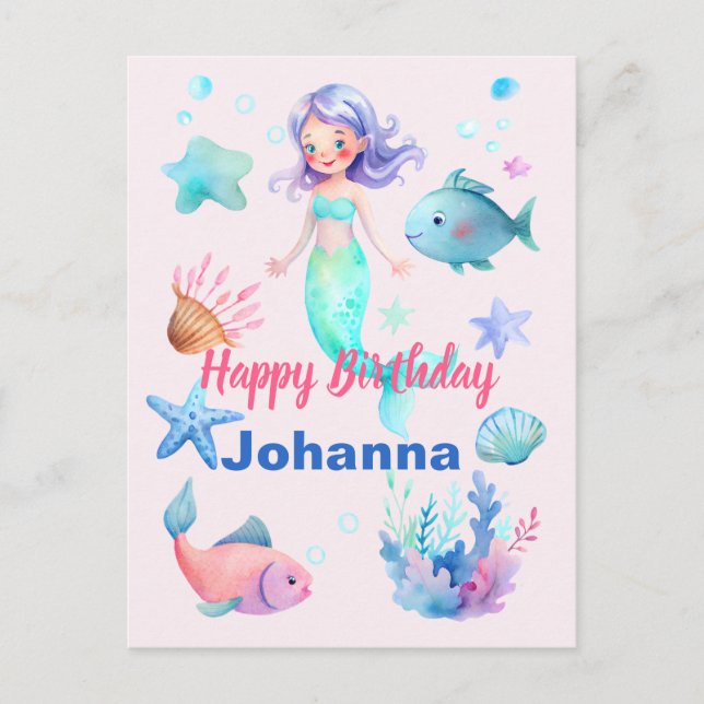 Carte Postale Jolis animaux marins Thème de sirène Joyeux Annive (Devant)