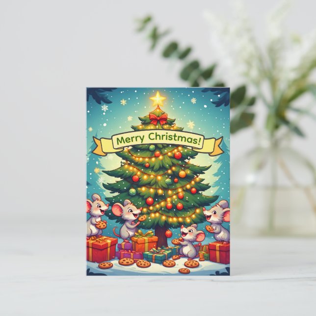 Carte Postale Jolis biscuits de souris de Noël Arbre festif joye (Debout devant)