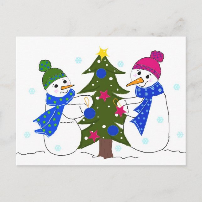 Carte Postale Jolis bonshommes de neige décorant un arbre (Devant)