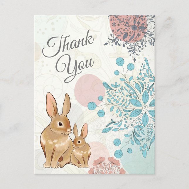 Carte Postale Jolis lapins avec des fleurs de printemps Merci (Devant)