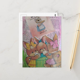 Carte Postale Jolis lapins et souris vintage en collage