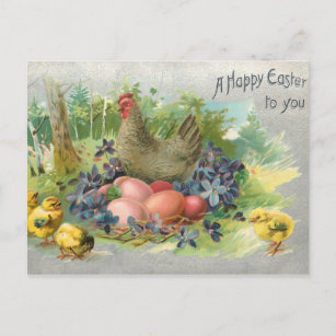 Carte Postale Jolis Oeufs Vintages de Pâques, Hen & Chicks