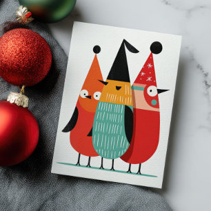 Carte Postale Jolis oiseaux drôles de Noël Rétro Minimaliste Noë