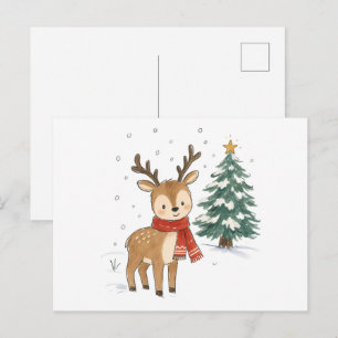 Carte Postale Jolis rennes de Noël avec une écharpe rouge