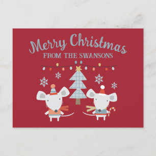 Carte Postale Jolis souris de Noël et arbre sur fond rouge burgu