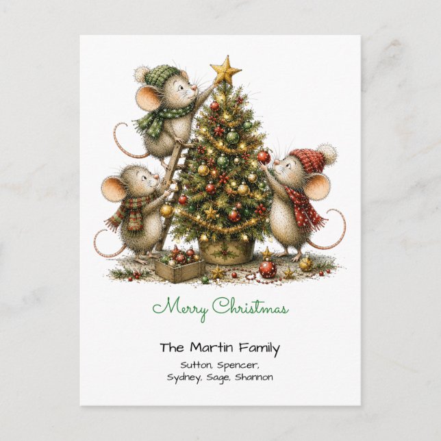 Carte Postale Jolis Souris Décorant Arbre Joyeux Noël Vert (Devant)