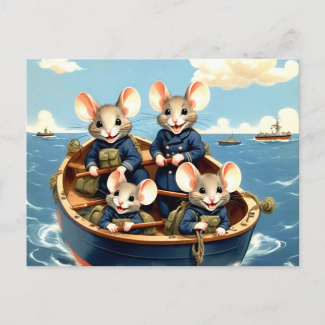 Carte Postale Jolis Souris Navy dans un Bateau (Devant)