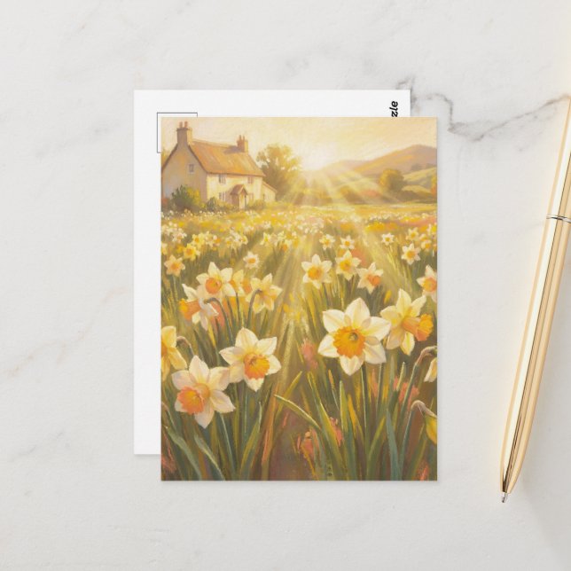 Carte Postale Jonquilles Ensoleillées - Style de Peinture Pastel (Devant/Arrière en situation)