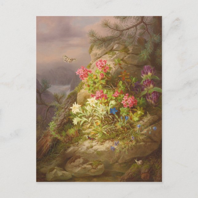 Carte Postale Josef Lauer Nature morte avec fleurs et escargot (Devant)