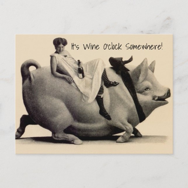 Carte Postale Jouer amusant dame cochon c'est du vin o'clock que (Devant)