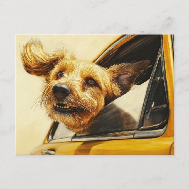 Carte Postale Jouer Chien Profitant De Voiture Ride Art (Devant)