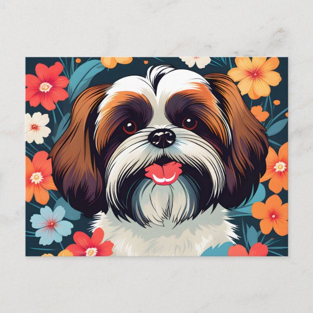 Carte Postale Jouer Shih Tzu Et Fleurs Champ (Devant)