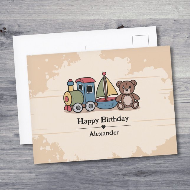 Carte Postale Jouets en bois avec train, voilier et ours en pelu (Wooden Toys with train, sailboat, and teddy bear Postcard)