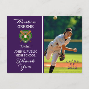 Carte Postale Joueur de baseball photo Purple Graduation Merci