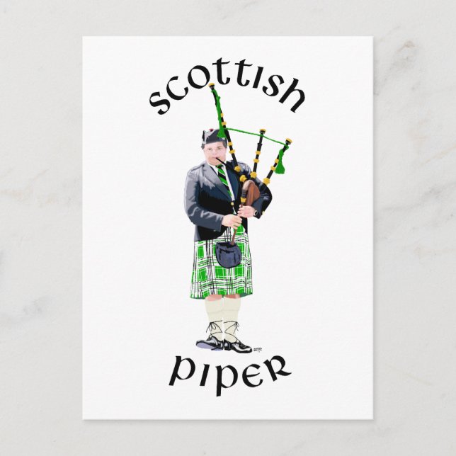 Carte Postale Joueur de cornemuse en kilt vert (Devant)