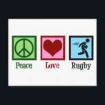 Carte Postale Joueur de rugby Peace Love<br><div class="desc">Peace Love Rugby. Un cadeau d'équipe de sport de rugby cool pour un joueur avec une ligue de football ou une union.</div>
