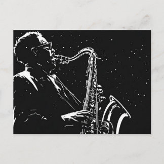 Carte Postale Joueur de saxophone de style graphique BD noir et 