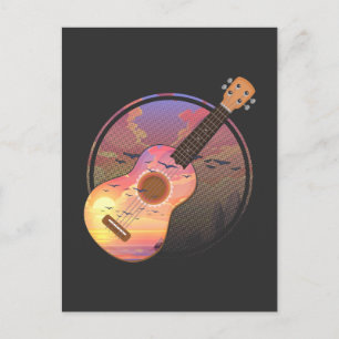 Carte Postale Joueur de Ukulele Vintage Coucher de Soleil Musiqu